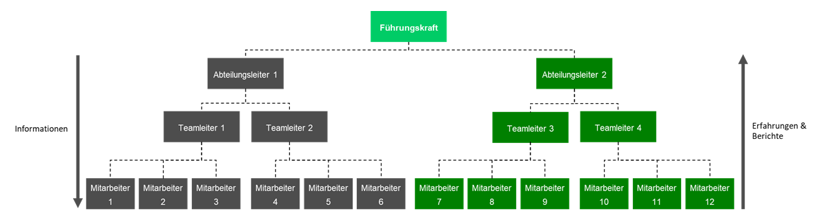 Typische Hierarchie in Unternehmen: Führungskraft, Abteilungsleiter, Teamleiter